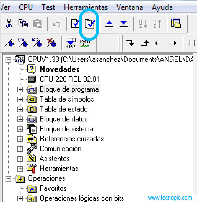 Memoria S7-200: icono con aspa para compilar todo.