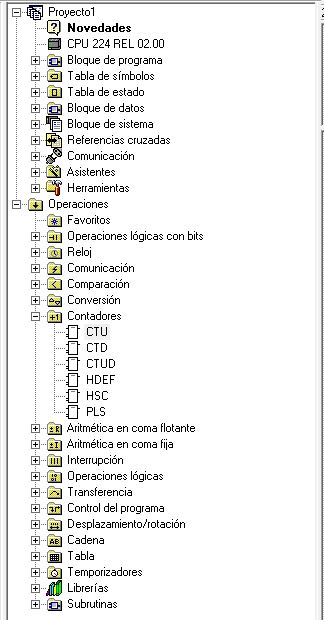 Árbol del proyecto donde encontrar los tipos de contadores en S7-200.