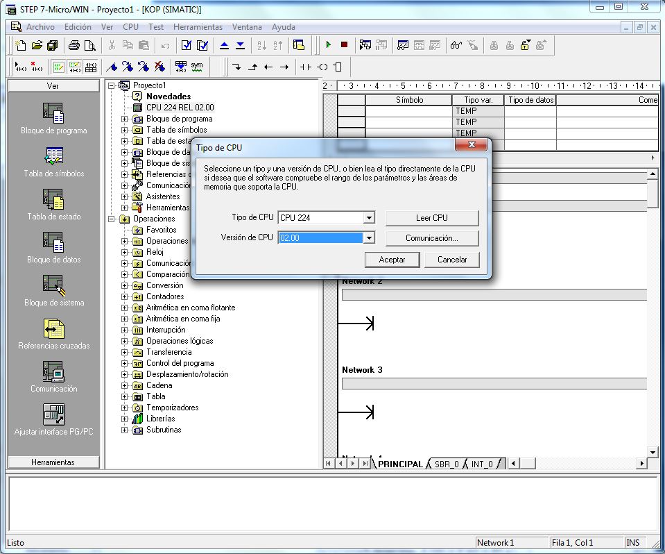 Tipo de CPU seleccionada en MicroWin.