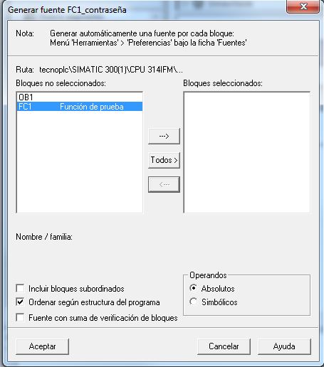 Seleccionar el bloque para pasarlo a la ventana de Bloques seleccionados