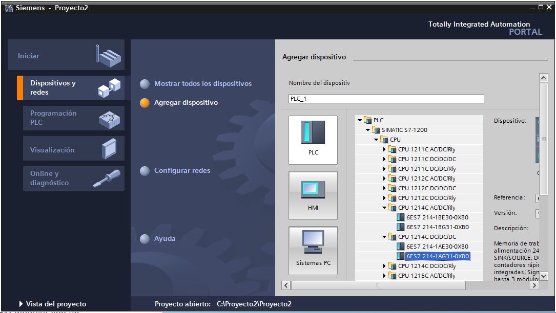 Seleccionar la CPU requerida de S7-1200