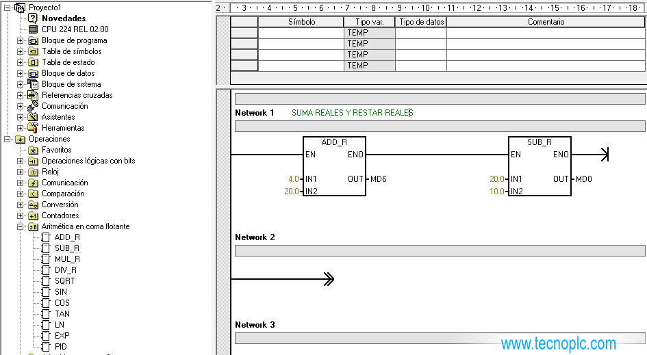 Ejemplo de Función Suma y Resta de tipo de datos Real en S7-200.