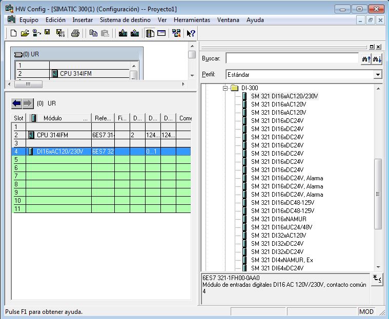 Seleccionar módulos de entradas e insertar al bastidor al crear proyecto Step7.