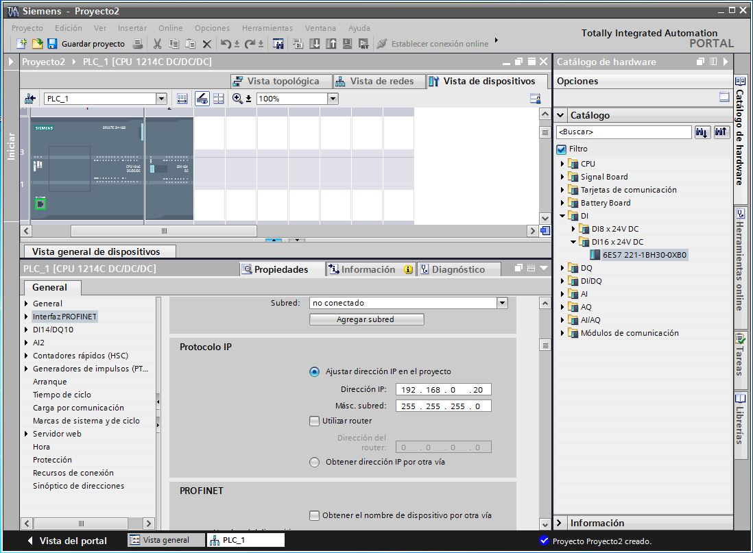 Configuración de la CPU S7-1200 al crear nuevo proyecto TIA Portal V11