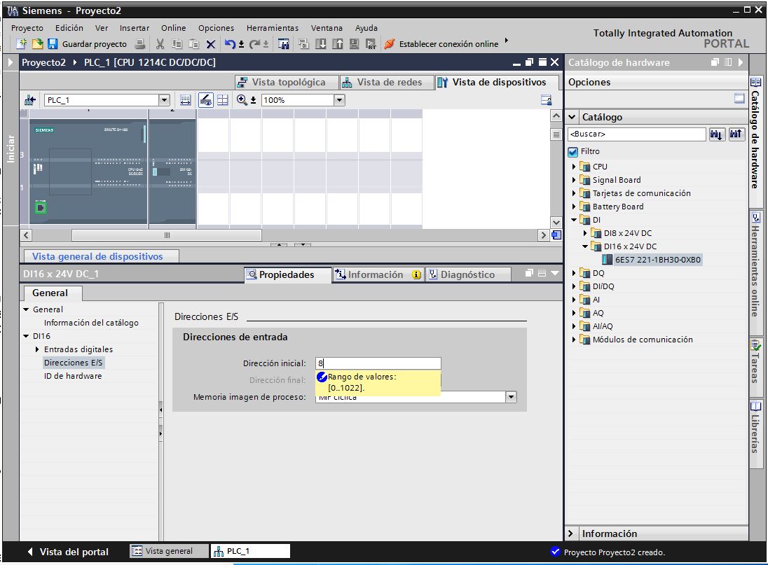 Configuración de entradas y salidas de un módulo en TIA Portal.