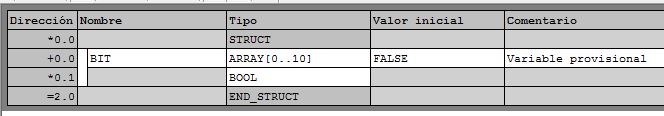 Creación de un array en un bloque de datos DB.