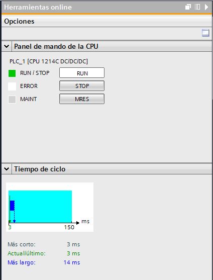 Visualización del estado operativo del PLC en Online.