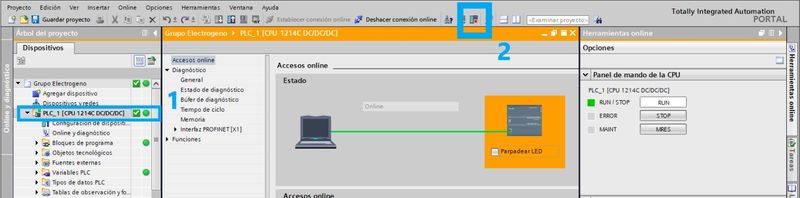Botón de acceso directo para cambiar de RUN a STOP en TIA Portal