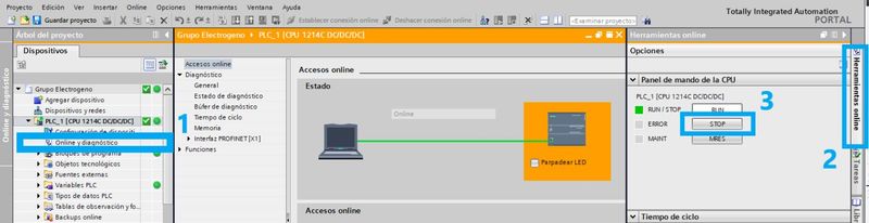 Cambiar el modo de RUN a STOP de la CPU desde Online y diagnóstico en TIA Portal