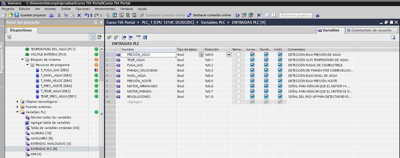 Ejemplo de tablas de variables para guardar datos globales del PLC