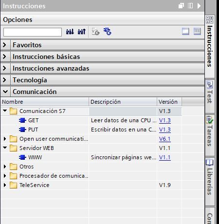 Funciones de comunicaciones disponibles en TIA Portal