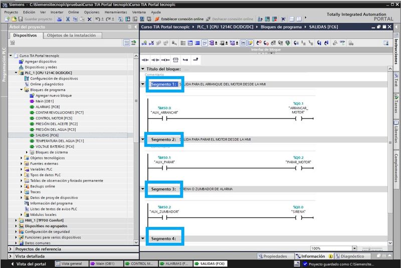 Segmentos en TIA Portal donde introducir el código de programación