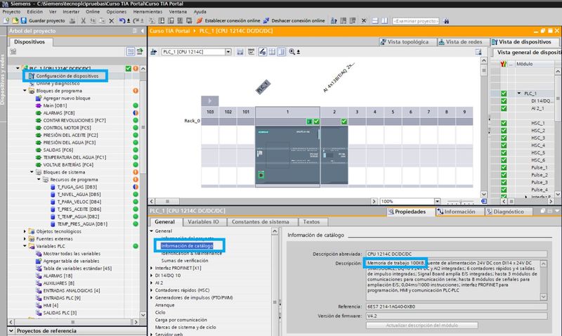 Ver la memoria de trabajo en la configuración de dispositivos en TIA Portal