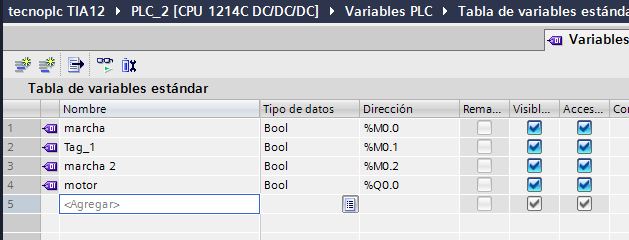 Crear variables dentro de la tabla de variables PLC.