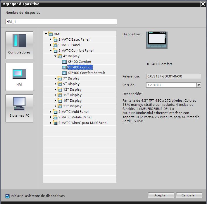 Seleccionar una pantalla HMI KTP400 comfort.