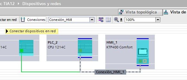 Conexión HMI para compartir variables entre PLC y pantalla.