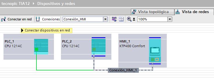 Conexión HMI para compartir variables entre PLC y pantalla.