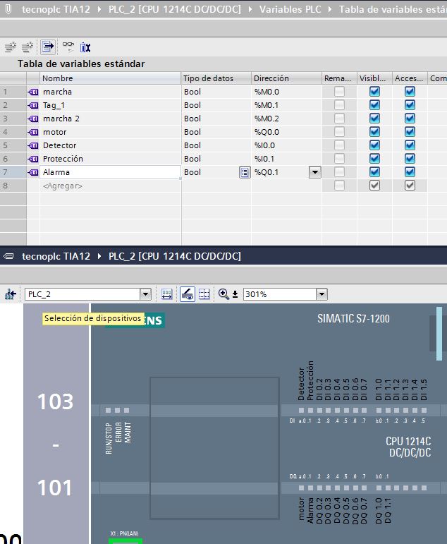 Tabla de variables creada y el PLC con los simbólicos establecidos.