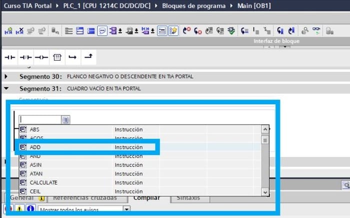 Seleccionar una función dentro de la instrucción cuadro vacío TIA Portal