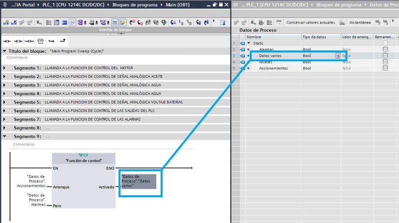 Variables de salida en TIA Portal para control de datos en un PLC