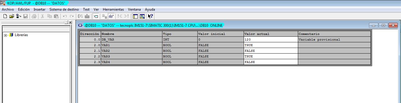 Bloque de datos ONLINE con los valores actuales en tiempo real.