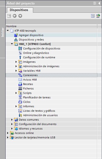 Apartado de conexiones Wincc Flexible en el árbol del proyecto.
