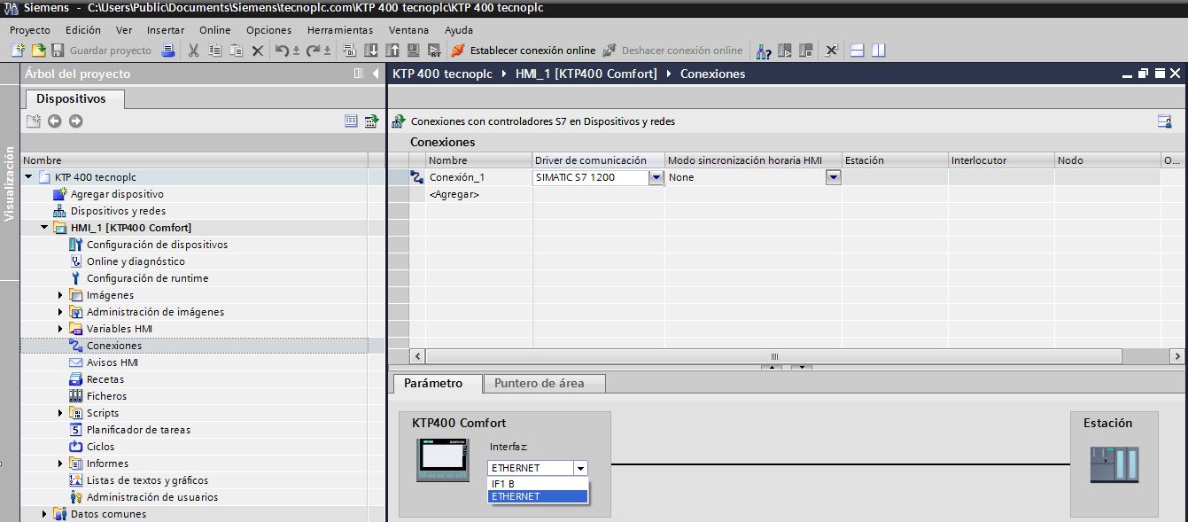 Determinar la interfaz para las conexiones Wincc Flexible entre HMI y el PLC.