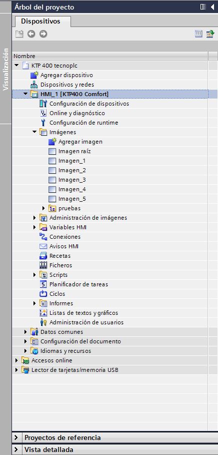 Vista o Árbol del proyecto dentro de la interfaz WinCC Flexible.