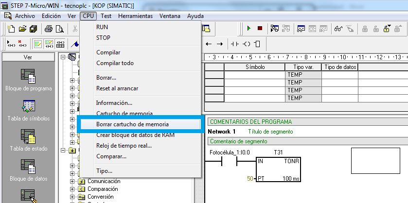 Borrar cartucho de memoria S7-200.