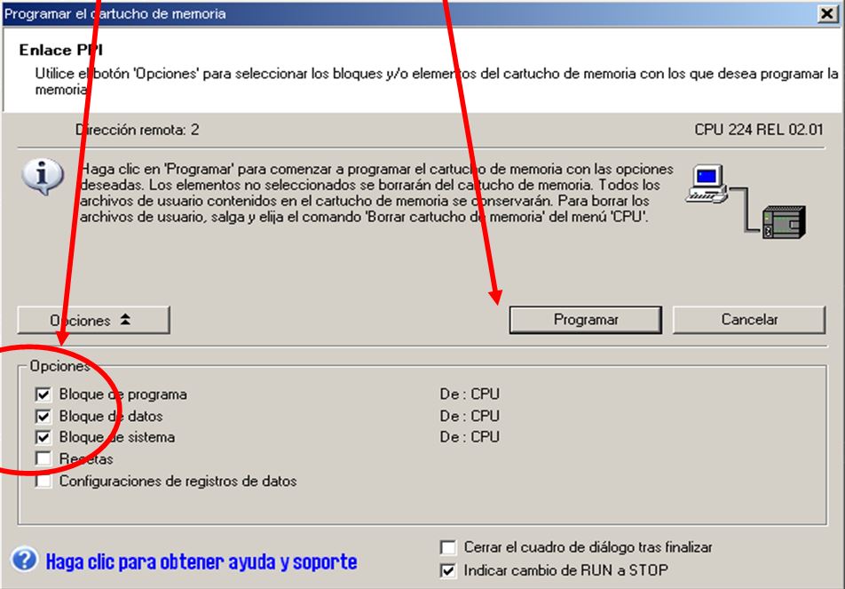 Grabar y transferir cartucho S7-200 con todos los bloques del proyecto MicroWin.