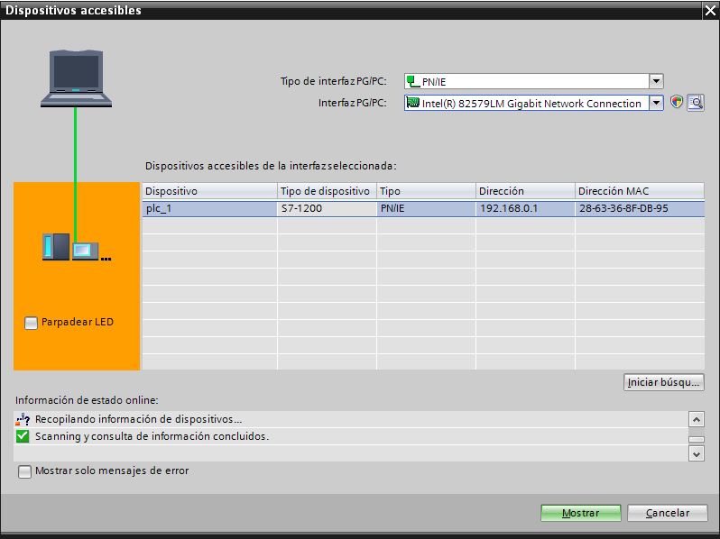 Búsqueda finalizada y PLC encontrado.