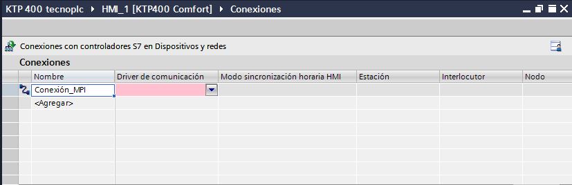 Establecer nombre a la conexión de MPI entre HMI y PLC.