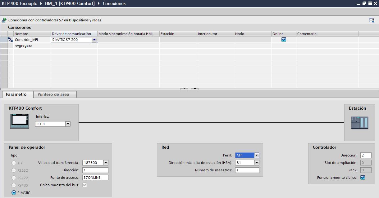 Parámetros para una comunicación MPI entre HMI y PLC.
