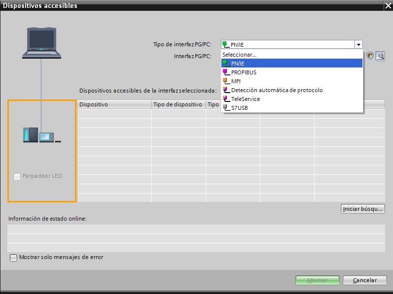 Seleccionar la Red Profinet que hemos establecido en el proyecto TIA Portal.