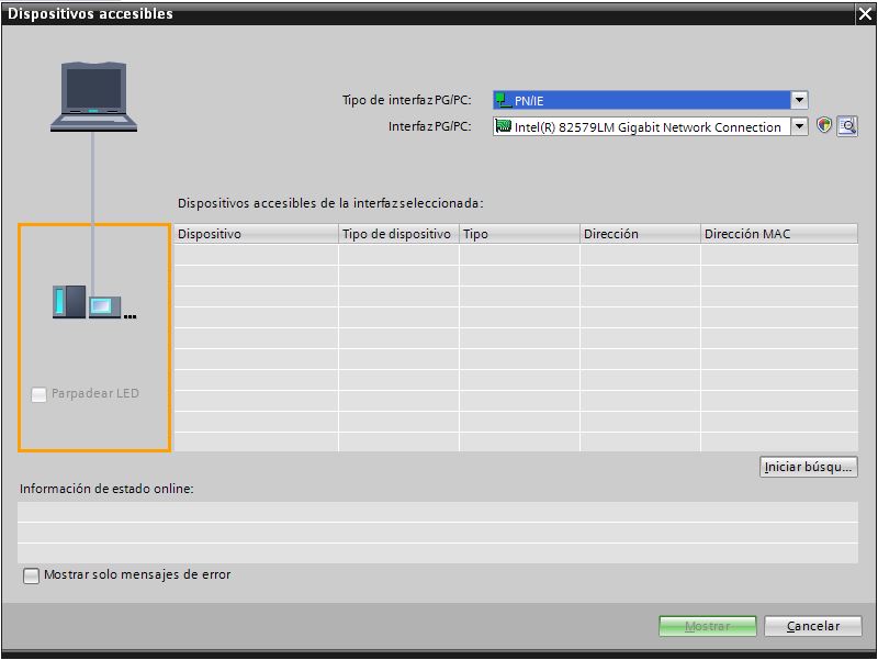 Ventana de dispositivos accesibles en la red Profinet desde TIA Portal.