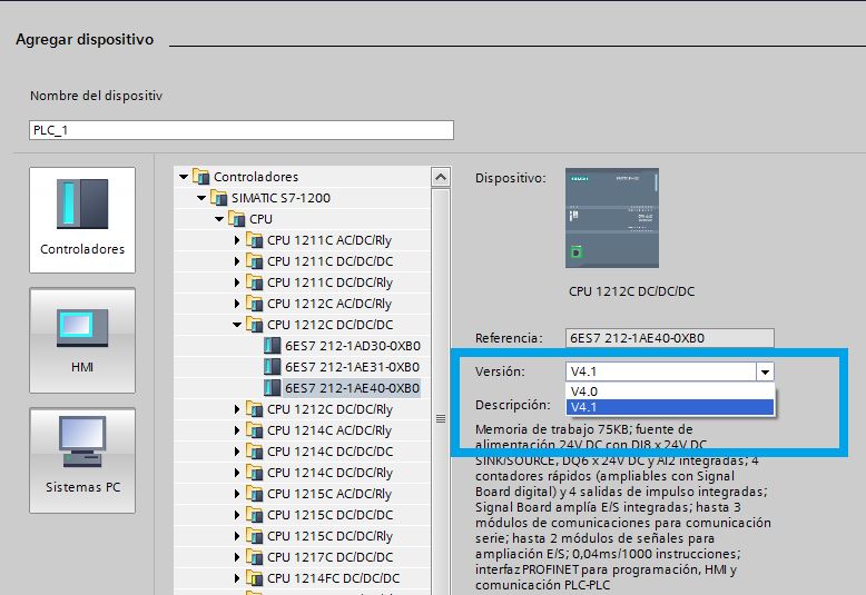 Versión de Firmware para nuestra CPU.