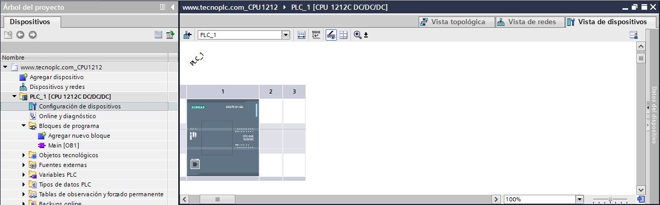 Vista de dispositivos para ver parámetros comunicación del PLC en la Red Profinet TIA Portal.