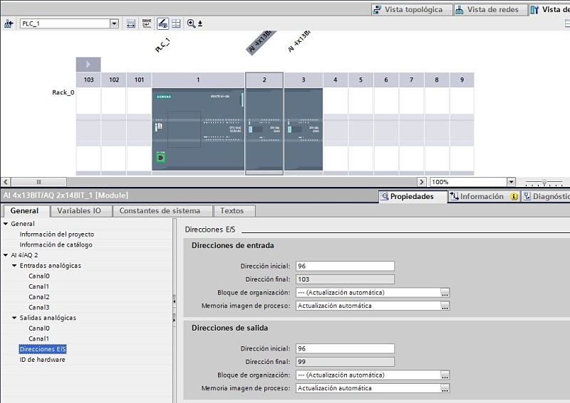 Direccionamiento de entradas analógicas TIA Portal en la pestaña configuración