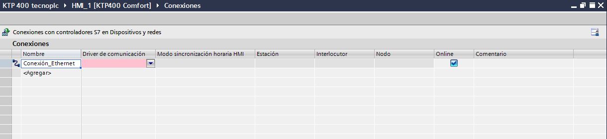 Establecer nombre a la conexión de Ethernet entre HMI y PLC.