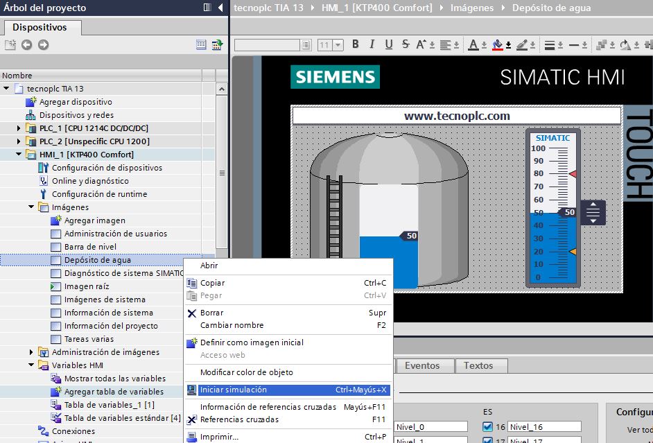 Iniciar simulación en TIA Portal.