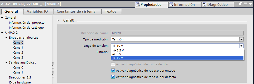 Rango de tensión variable para la señal analógica S7-1200.