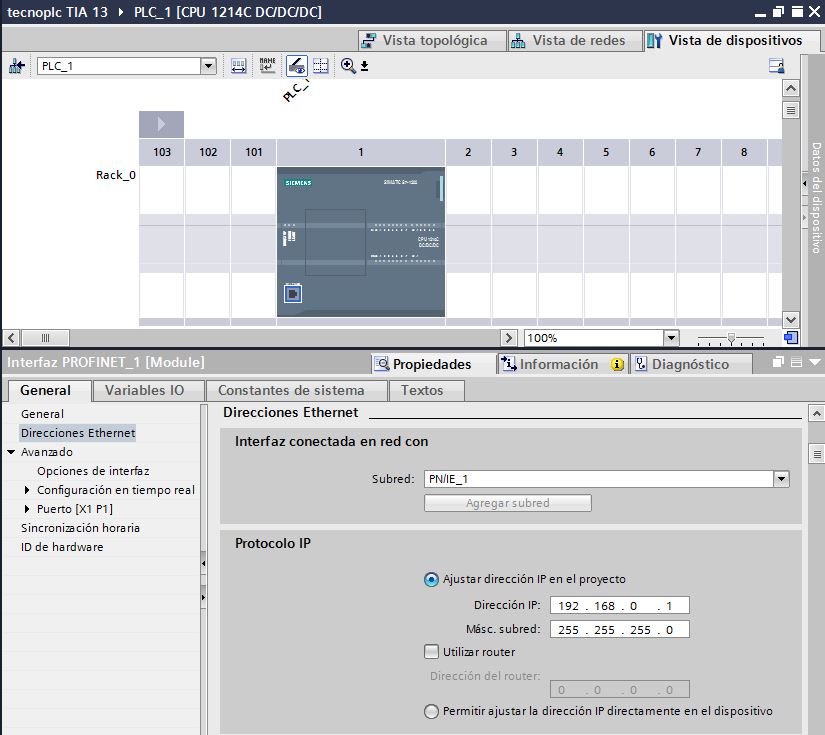 Seleccionar un rango de dirección IP para el PLC S7-1200.