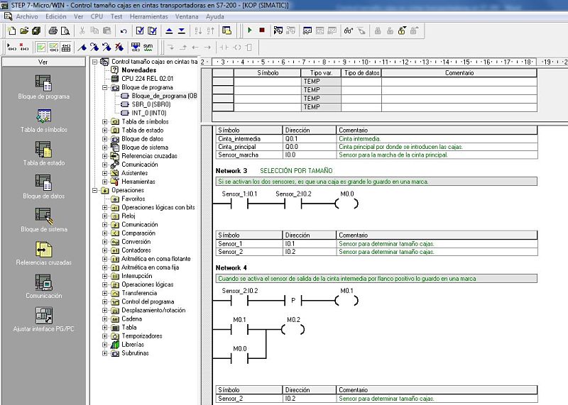 Componentes Software utilizados para control tamaño cajas en S7-200.