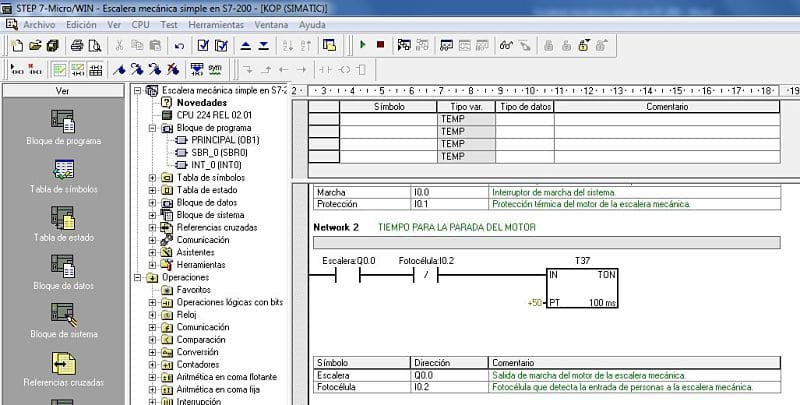 Componentes Software utilizados para escalera mecánica en S7-200.