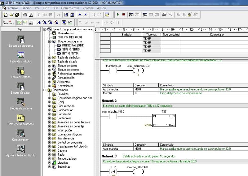 Ejemplo temporizadores comparaciones en MicroWin S7-200