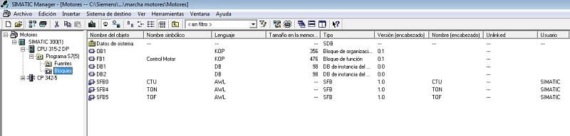 Componentes software utilizados en la marcha paro motores en Step 7.