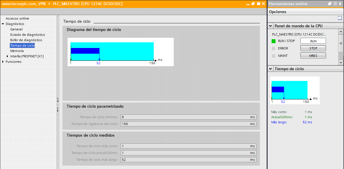 Tiempo de ciclo en proyecto online TIA Portal