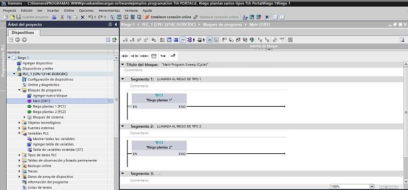 Riego plantas varios tipos programación TIA Portal