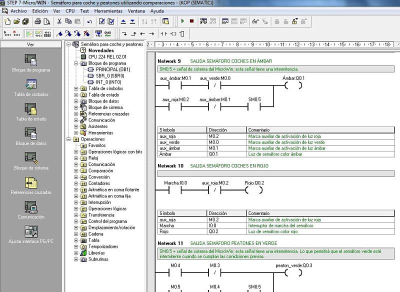 Semáforo coche y peatones usando comparaciones en S7-200
