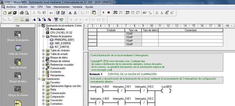 Iluminación local mediante 3 interruptores en S7-200